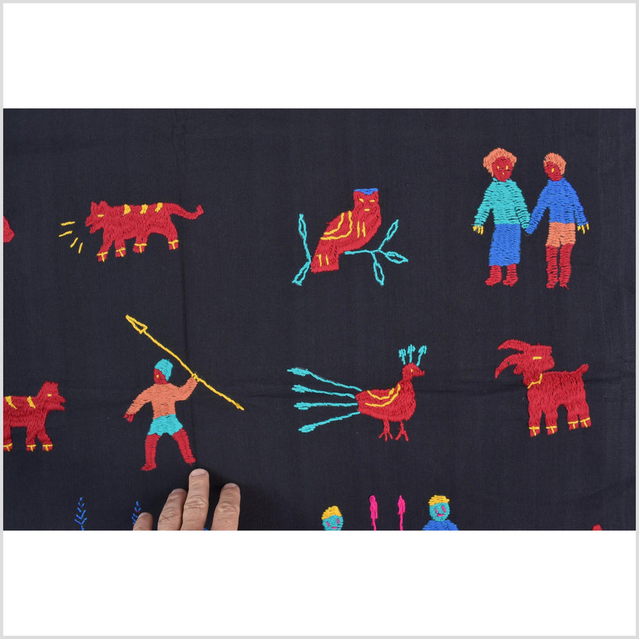 Electric black cotton story quilt Naga tribal textile ethnic embroidered boho fabric Burma hill tribe tapestry Thai India Hmong MP21