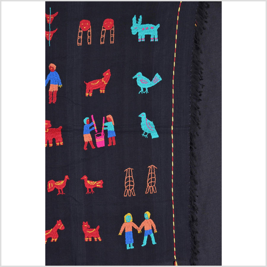 Electric black cotton story quilt Naga tribal textile ethnic embroidered boho fabric Burma hill tribe tapestry Thai India Hmong MP21