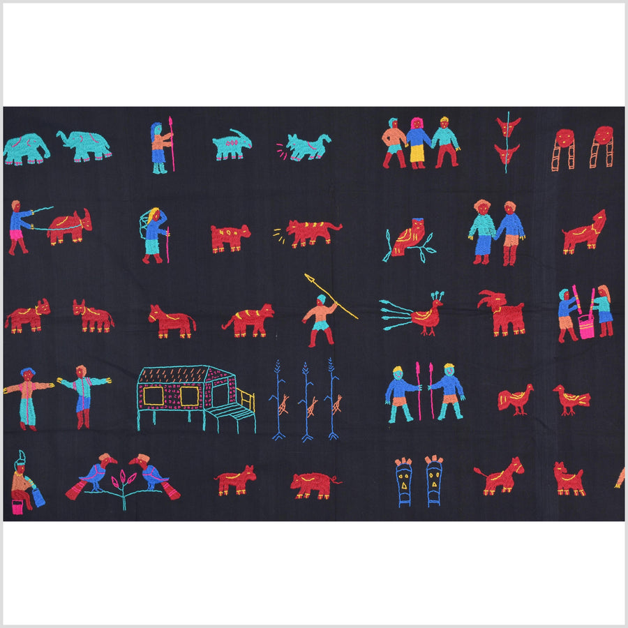 Electric black cotton story quilt Naga tribal textile ethnic embroidered boho fabric Burma hill tribe tapestry Thai India Hmong MP21