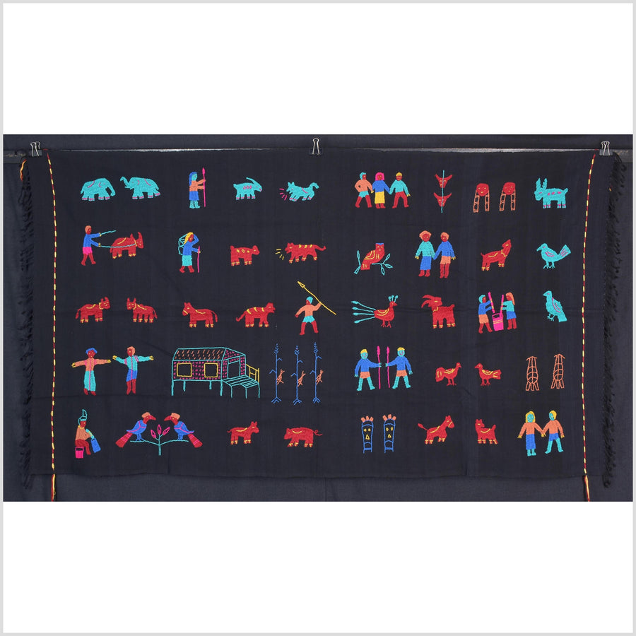 Electric black cotton story quilt Naga tribal textile ethnic embroidered boho fabric Burma hill tribe tapestry Thai India Hmong MP21