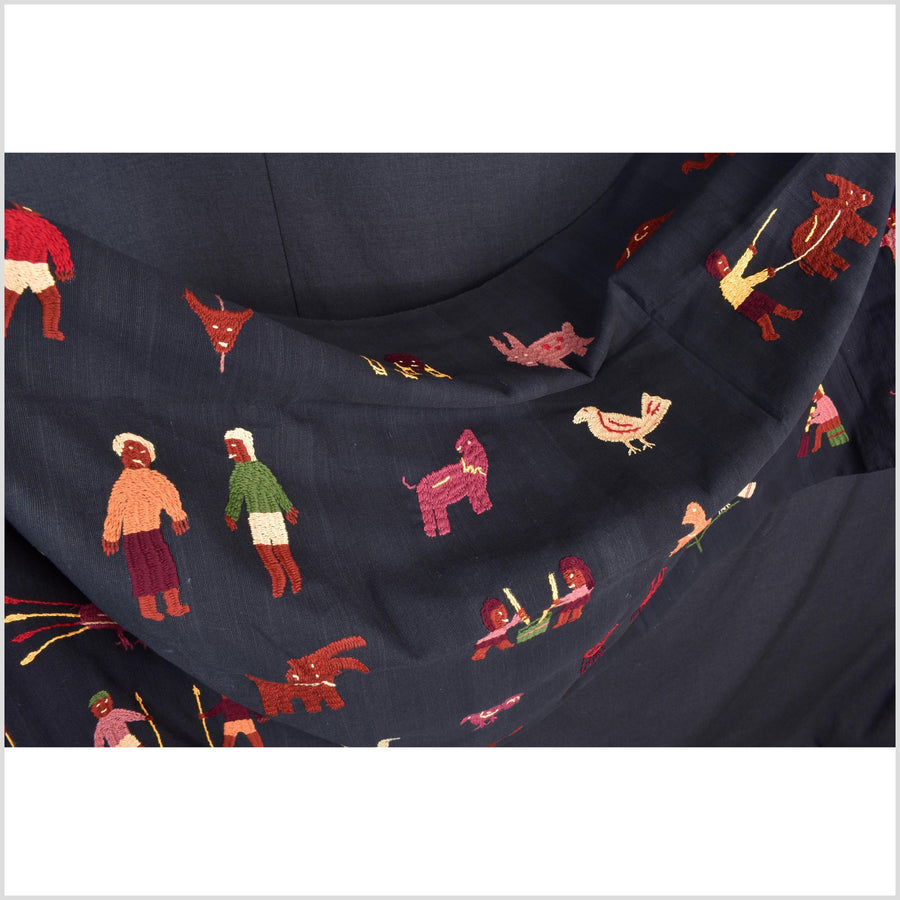 Electric black cotton story quilt Naga tribal textile ethnic embroidered boho fabric Burma hill tribe tapestry Thai India Hmong MP22