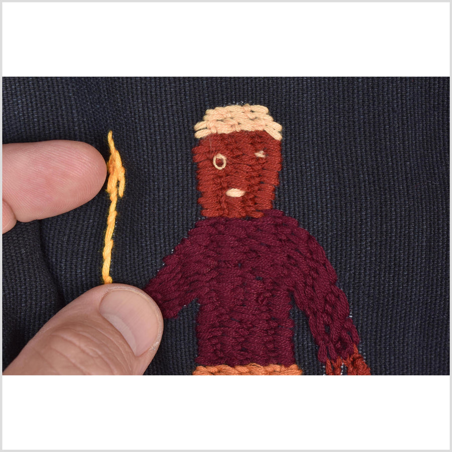 Electric black cotton story quilt Naga tribal textile ethnic embroidered boho fabric Burma hill tribe tapestry Thai India Hmong MP22