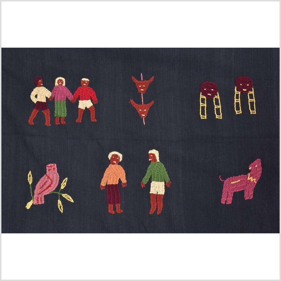 Electric black cotton story quilt Naga tribal textile ethnic embroidered boho fabric Burma hill tribe tapestry Thai India Hmong MP22