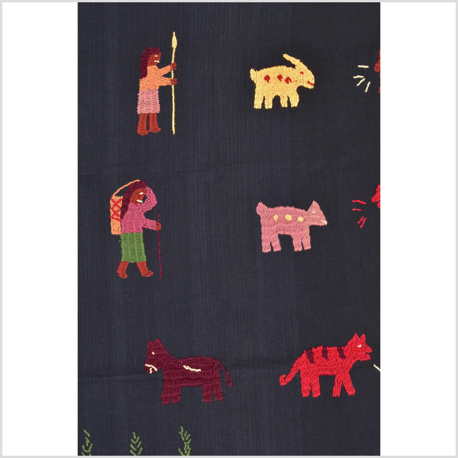 Electric black cotton story quilt Naga tribal textile ethnic embroidered boho fabric Burma hill tribe tapestry Thai India Hmong MP22