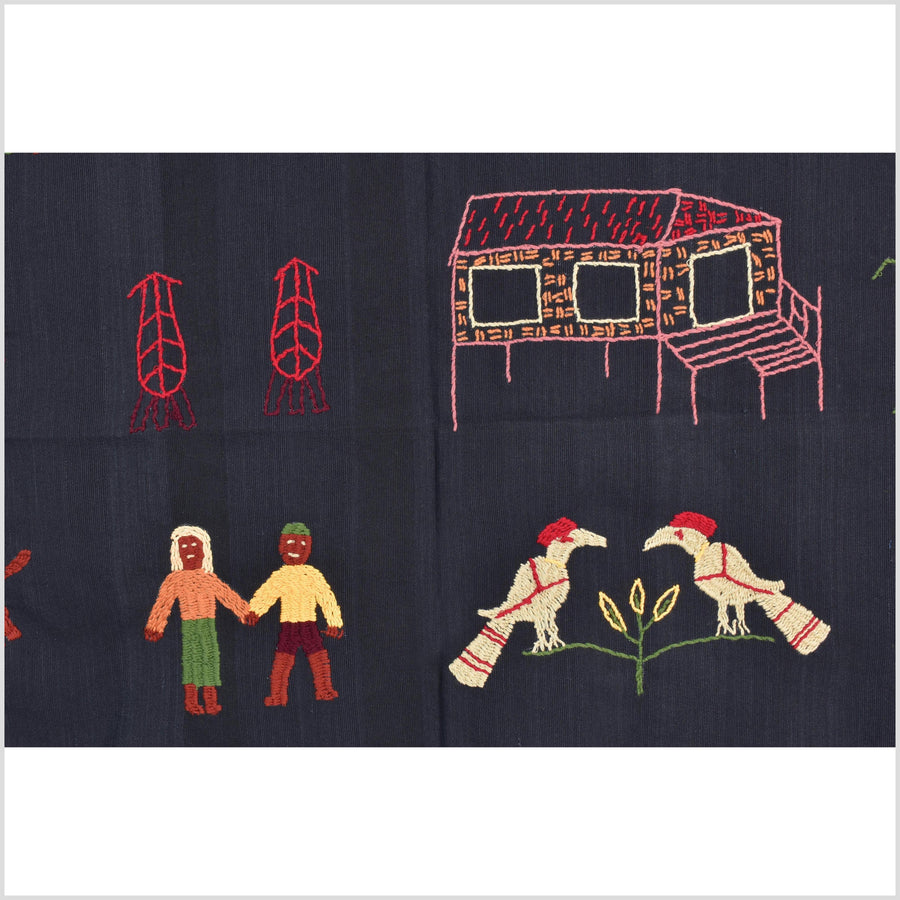 Electric black cotton story quilt Naga tribal textile ethnic embroidered boho fabric Burma hill tribe tapestry Thai India Hmong MP22