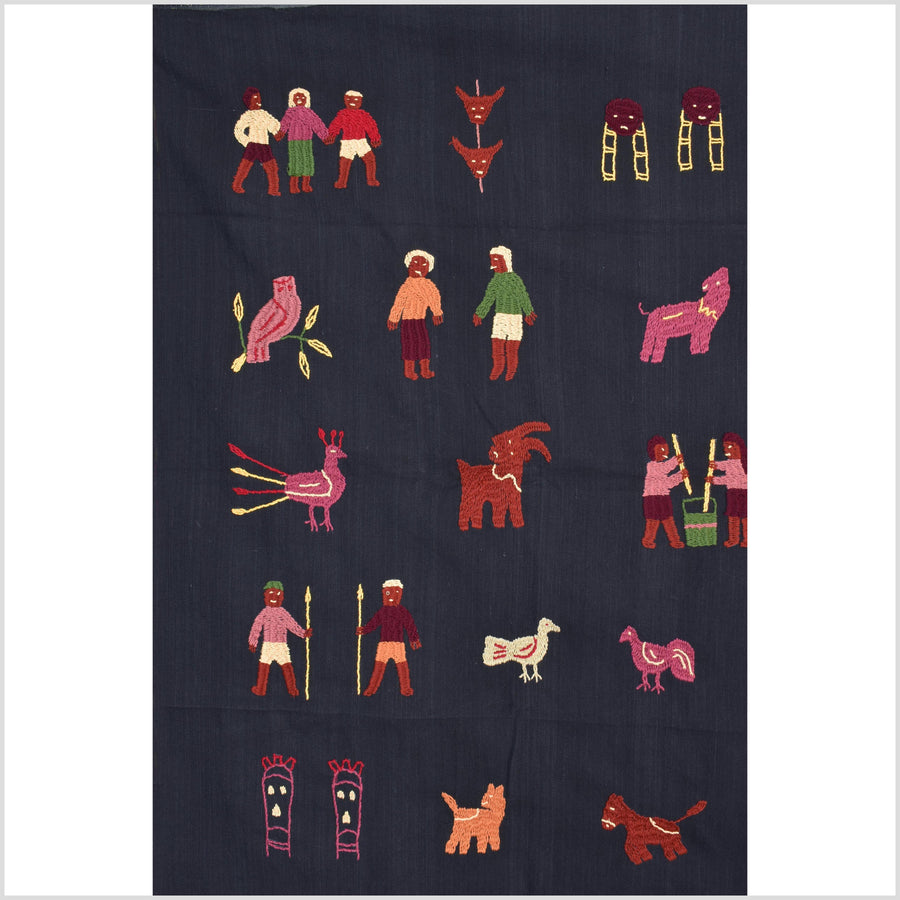 Electric black cotton story quilt Naga tribal textile ethnic embroidered boho fabric Burma hill tribe tapestry Thai India Hmong MP22