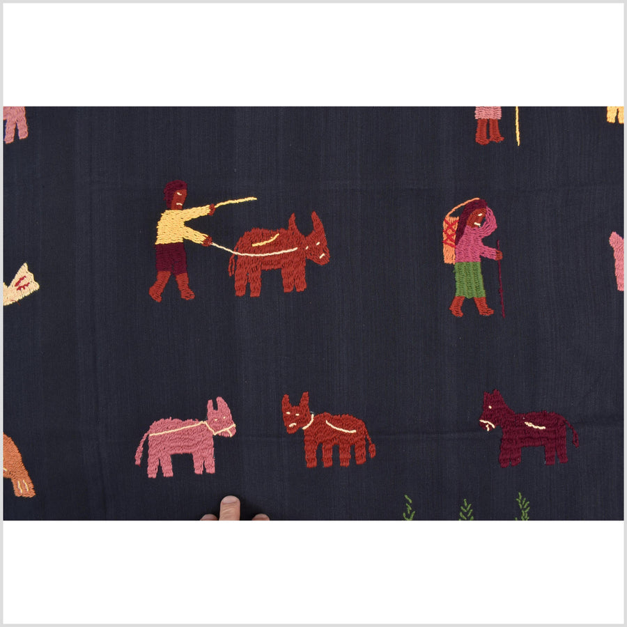 Electric black cotton story quilt Naga tribal textile ethnic embroidered boho fabric Burma hill tribe tapestry Thai India Hmong MP22