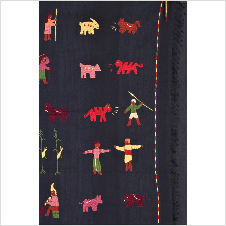 Electric black cotton story quilt Naga tribal textile ethnic embroidered boho fabric Burma hill tribe tapestry Thai India Hmong MP22