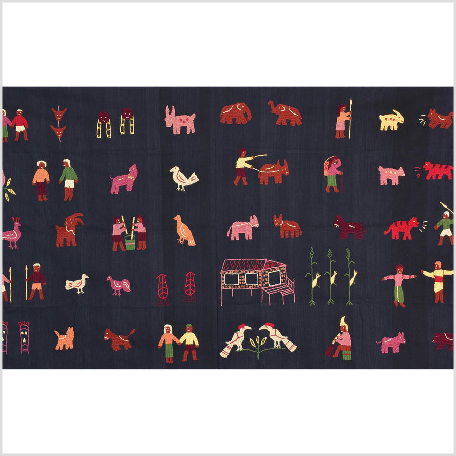 Electric black cotton story quilt Naga tribal textile ethnic embroidered boho fabric Burma hill tribe tapestry Thai India Hmong MP22