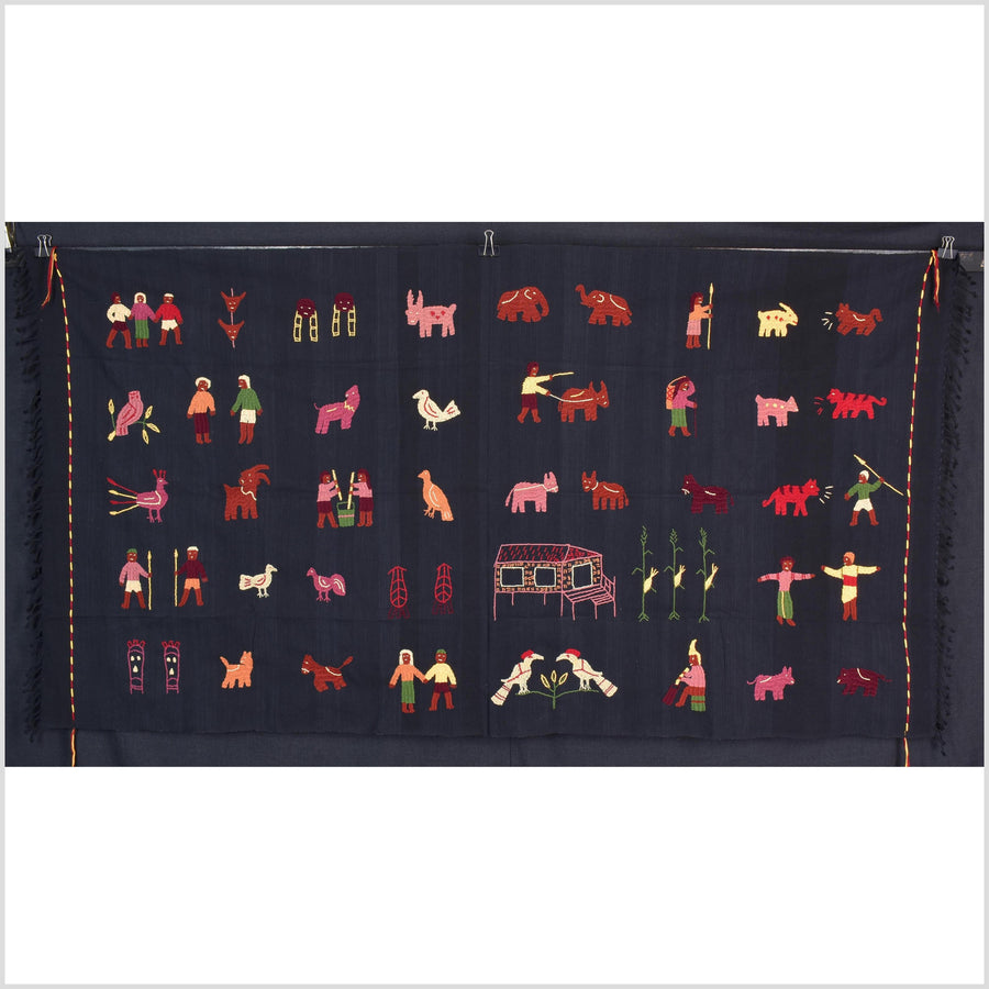 Electric black cotton story quilt Naga tribal textile ethnic embroidered boho fabric Burma hill tribe tapestry Thai India Hmong MP22