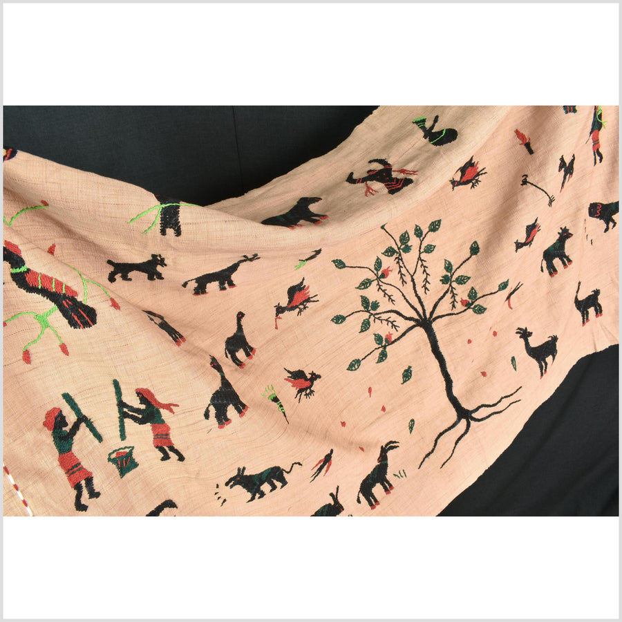 Caramel tan cotton story quilt Naga tribal textile ethnic embroidered boho fabric Burma hill tribe tapestry Thai India Hmong MP23