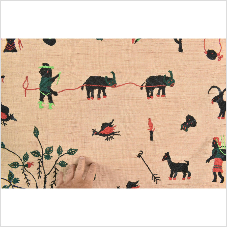 Caramel tan cotton story quilt Naga tribal textile ethnic embroidered boho fabric Burma hill tribe tapestry Thai India Hmong MP23