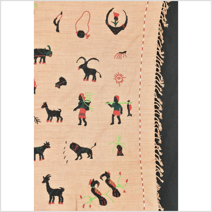 Caramel tan cotton story quilt Naga tribal textile ethnic embroidered boho fabric Burma hill tribe tapestry Thai India Hmong MP23