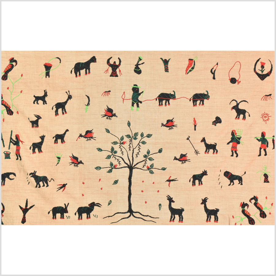 Caramel tan cotton story quilt Naga tribal textile ethnic embroidered boho fabric Burma hill tribe tapestry Thai India Hmong MP23