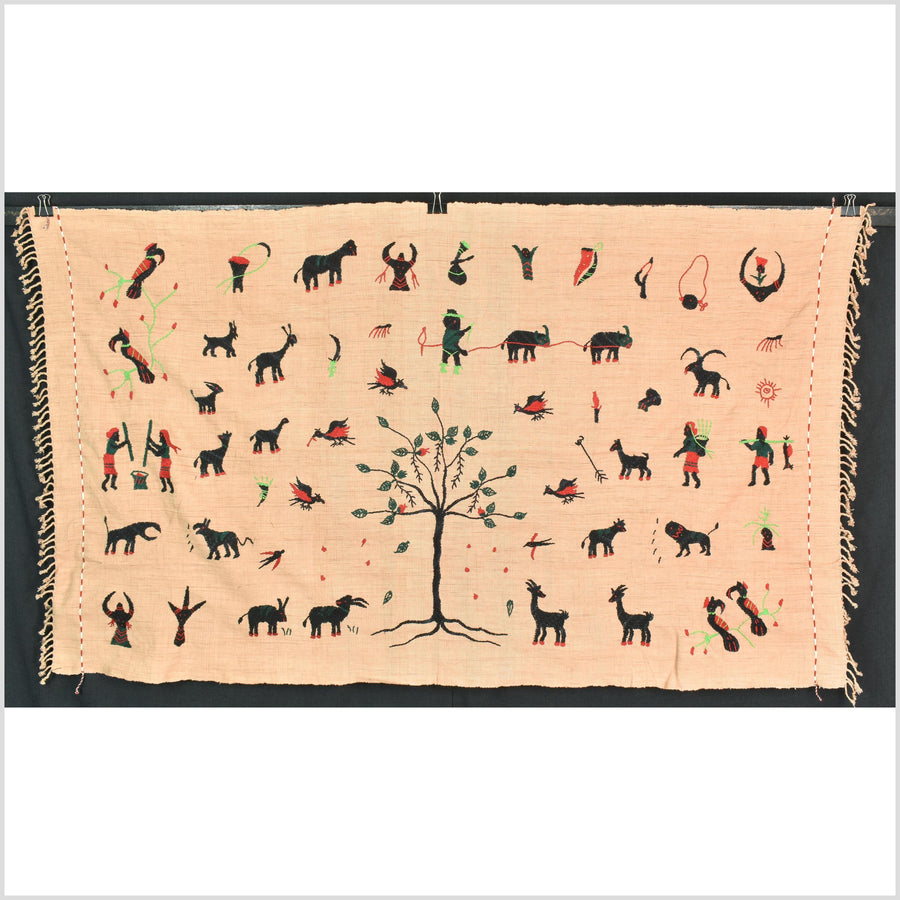 Caramel tan cotton story quilt Naga tribal textile ethnic embroidered boho fabric Burma hill tribe tapestry Thai India Hmong MP23