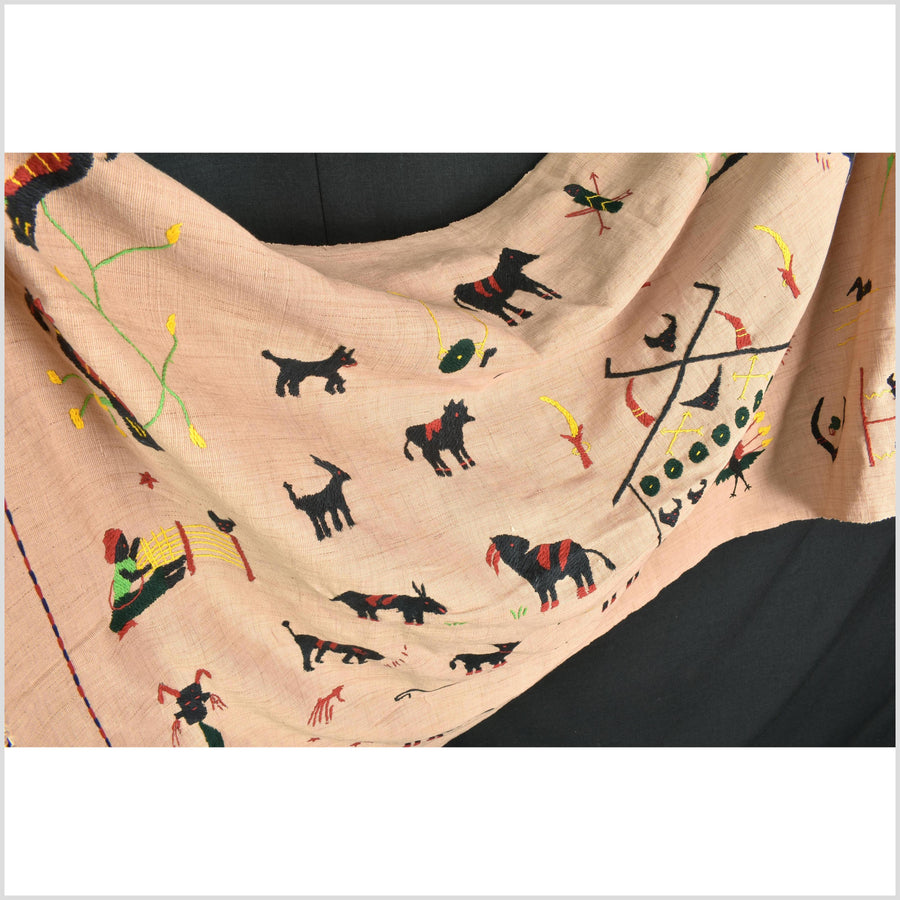 Tan caramel cotton story quilt Naga tribal textile ethnic embroidered boho fabric Burma hill tribe tapestry Thai India Hmong MP24