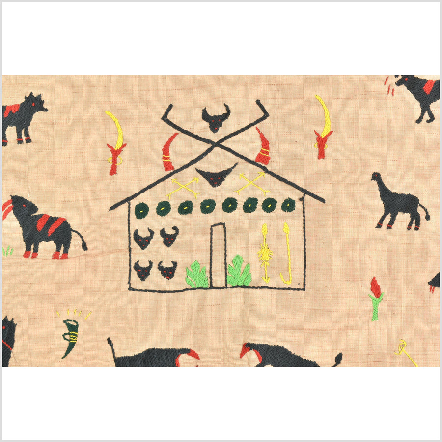 Tan caramel cotton story quilt Naga tribal textile ethnic embroidered boho fabric Burma hill tribe tapestry Thai India Hmong MP24