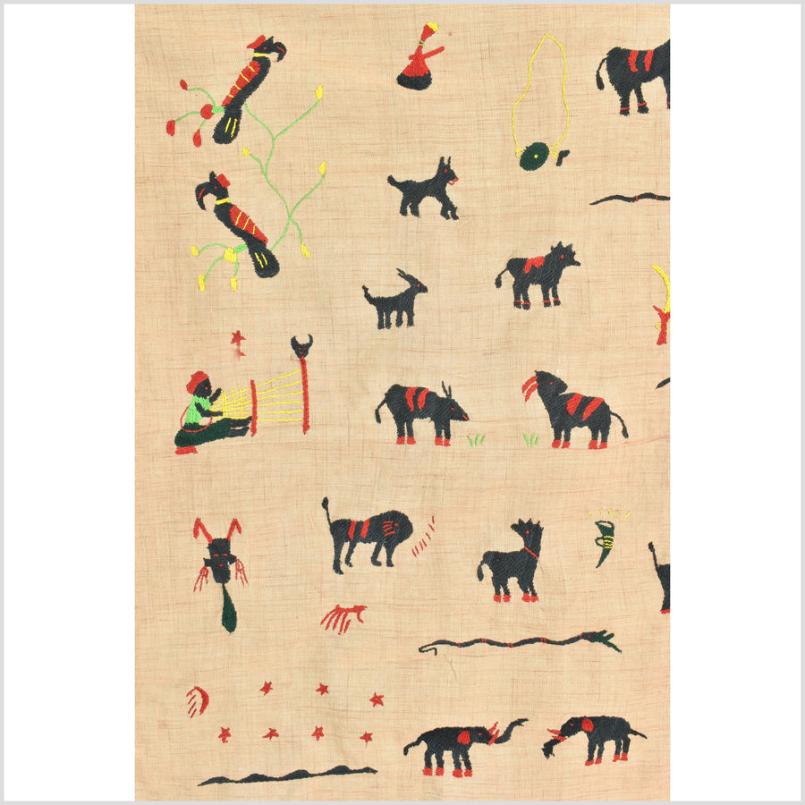 Tan caramel cotton story quilt Naga tribal textile ethnic embroidered boho fabric Burma hill tribe tapestry Thai India Hmong MP24