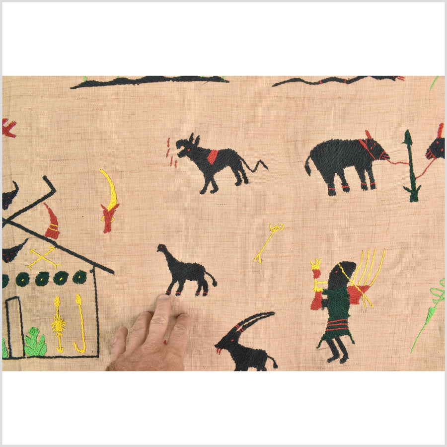 Tan caramel cotton story quilt Naga tribal textile ethnic embroidered boho fabric Burma hill tribe tapestry Thai India Hmong MP24