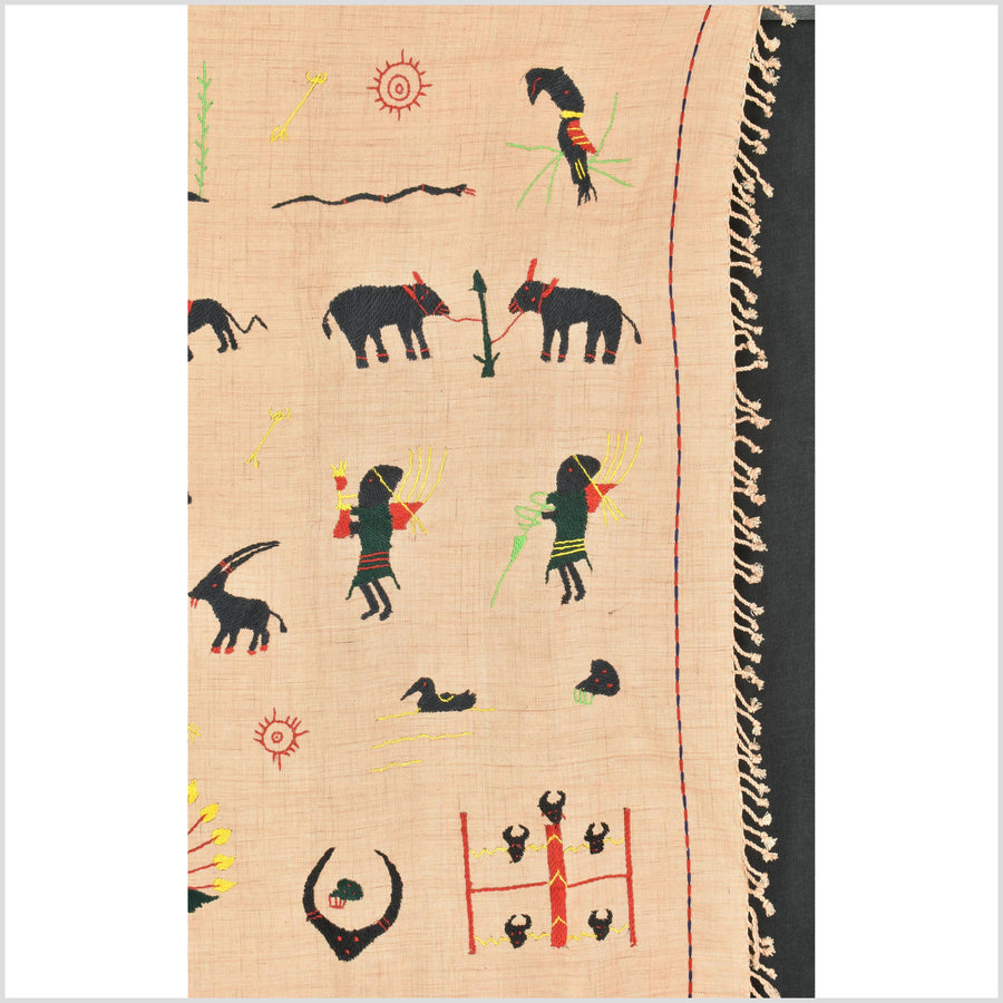 Tan caramel cotton story quilt Naga tribal textile ethnic embroidered boho fabric Burma hill tribe tapestry Thai India Hmong MP24