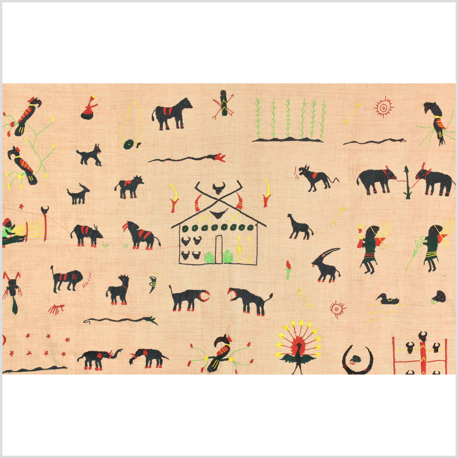 Tan caramel cotton story quilt Naga tribal textile ethnic embroidered boho fabric Burma hill tribe tapestry Thai India Hmong MP24