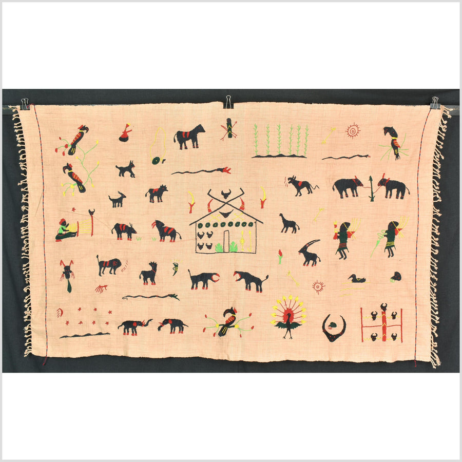 Tan caramel cotton story quilt Naga tribal textile ethnic embroidered boho fabric Burma hill tribe tapestry Thai India Hmong MP24