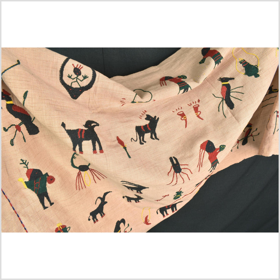 Tan caramel cotton story quilt Naga tribal textile ethnic embroidered boho fabric Burma hill tribe tapestry Thai India Hmong MP25