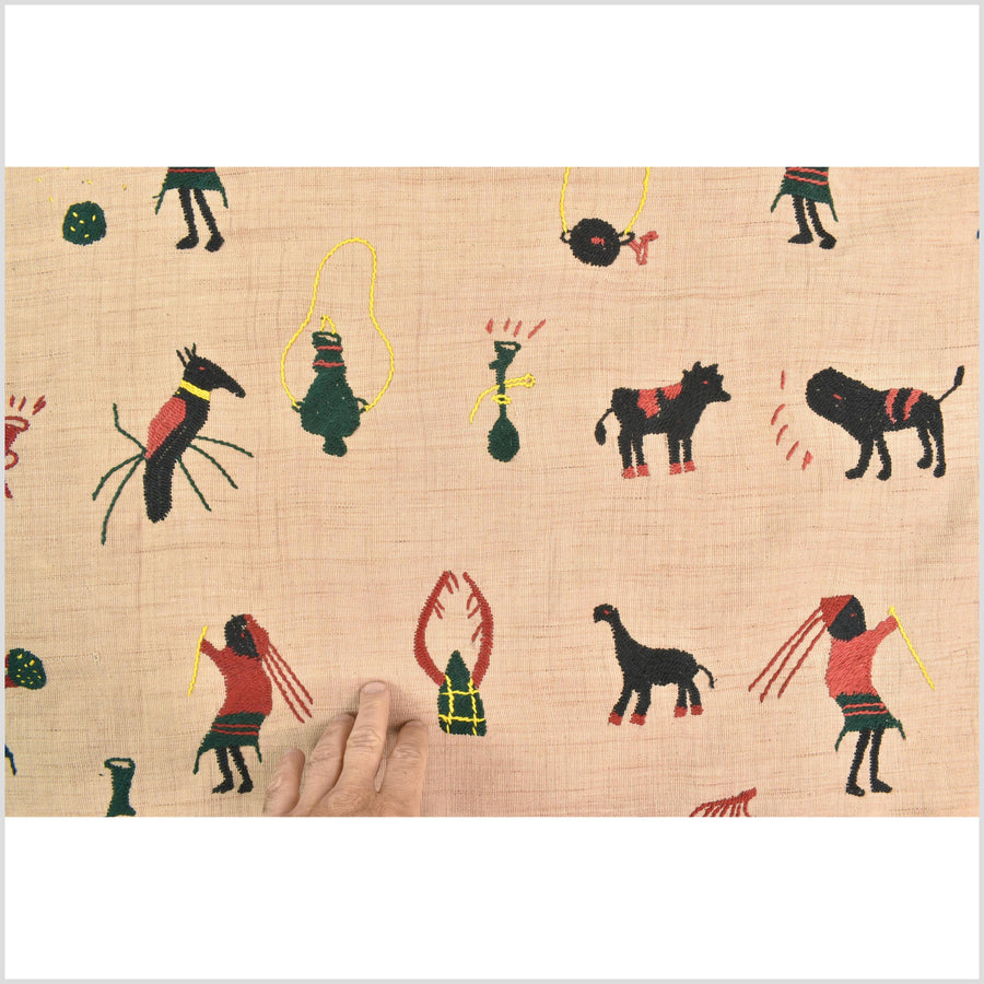 Tan caramel cotton story quilt Naga tribal textile ethnic embroidered boho fabric Burma hill tribe tapestry Thai India Hmong MP25