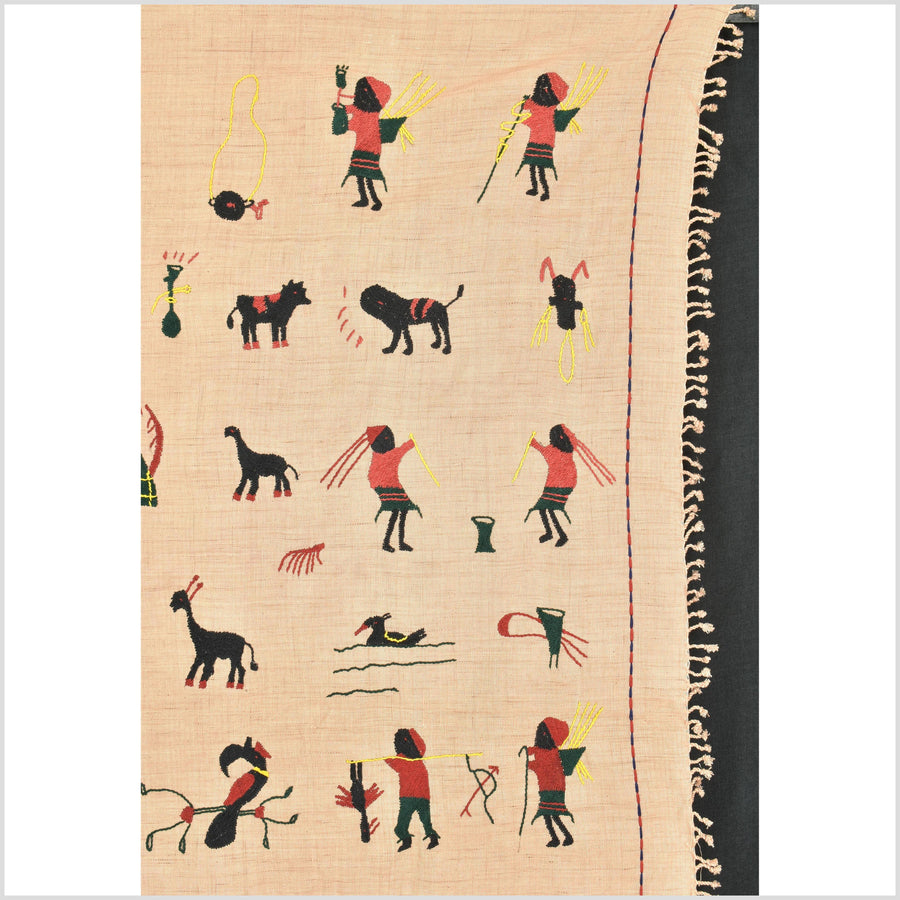 Tan caramel cotton story quilt Naga tribal textile ethnic embroidered boho fabric Burma hill tribe tapestry Thai India Hmong MP25