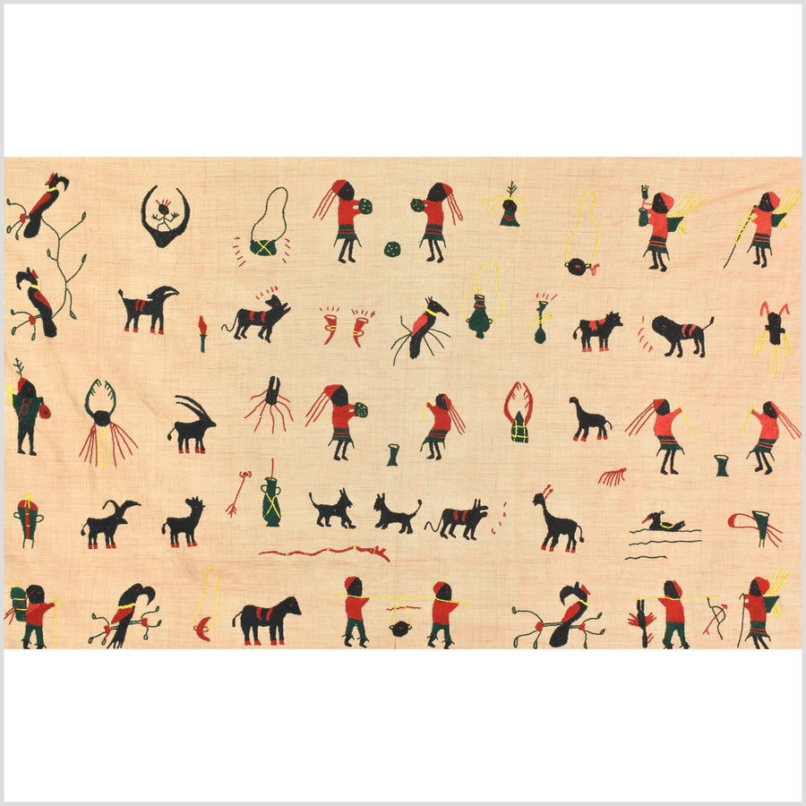 Tan caramel cotton story quilt Naga tribal textile ethnic embroidered boho fabric Burma hill tribe tapestry Thai India Hmong MP25