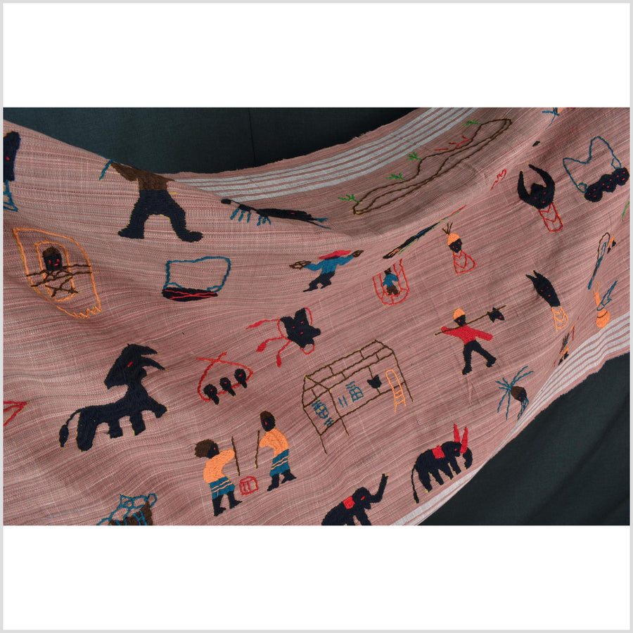 Rose mauve cotton story quilt Naga tribal textile ethnic embroidered boho fabric Burma hill tribe tapestry Thai India Hmong MP26