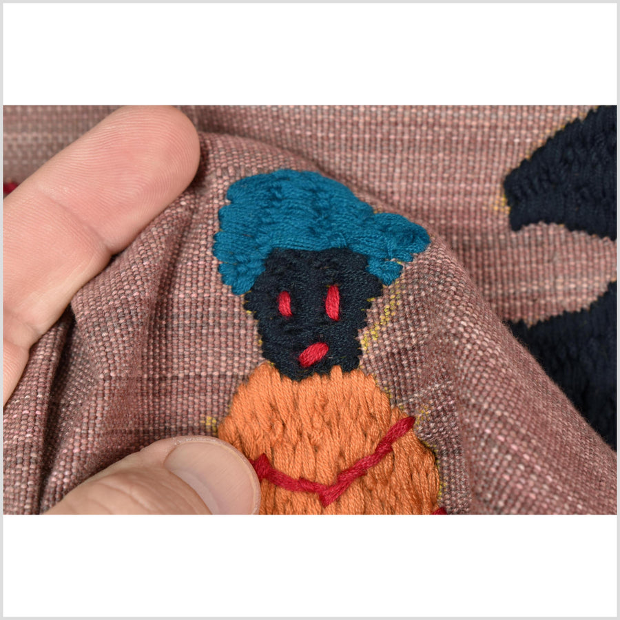 Rose mauve cotton story quilt Naga tribal textile ethnic embroidered boho fabric Burma hill tribe tapestry Thai India Hmong MP26