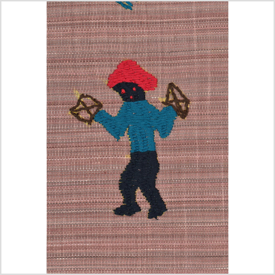 Rose mauve cotton story quilt Naga tribal textile ethnic embroidered boho fabric Burma hill tribe tapestry Thai India Hmong MP26