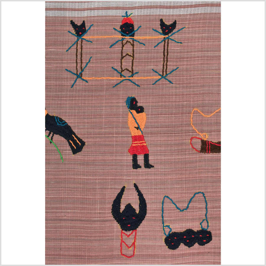 Rose mauve cotton story quilt Naga tribal textile ethnic embroidered boho fabric Burma hill tribe tapestry Thai India Hmong MP26