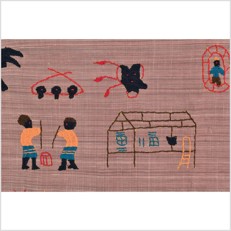 Rose mauve cotton story quilt Naga tribal textile ethnic embroidered boho fabric Burma hill tribe tapestry Thai India Hmong MP26