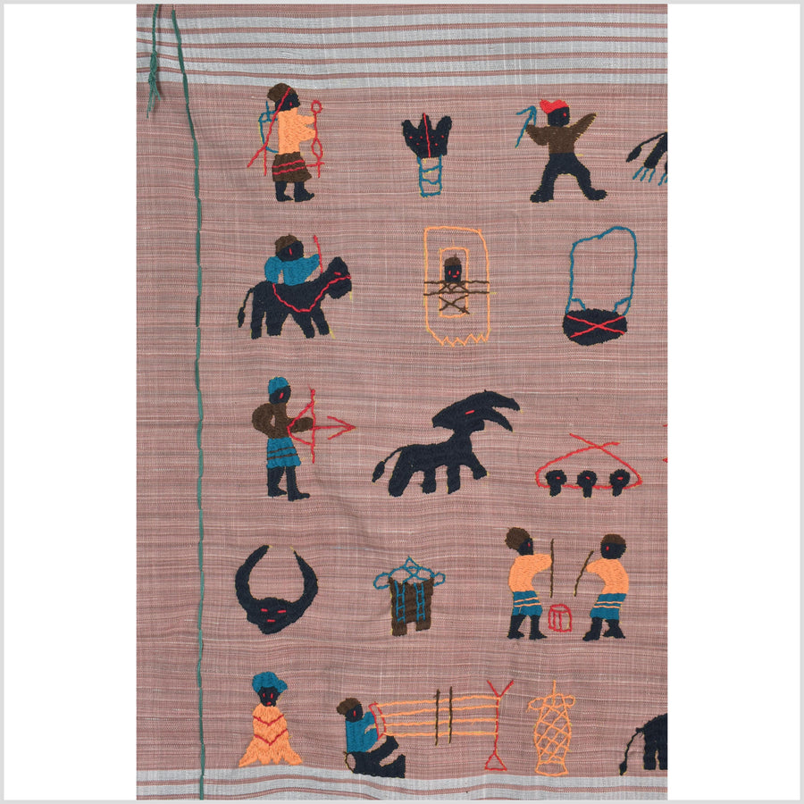 Rose mauve cotton story quilt Naga tribal textile ethnic embroidered boho fabric Burma hill tribe tapestry Thai India Hmong MP26