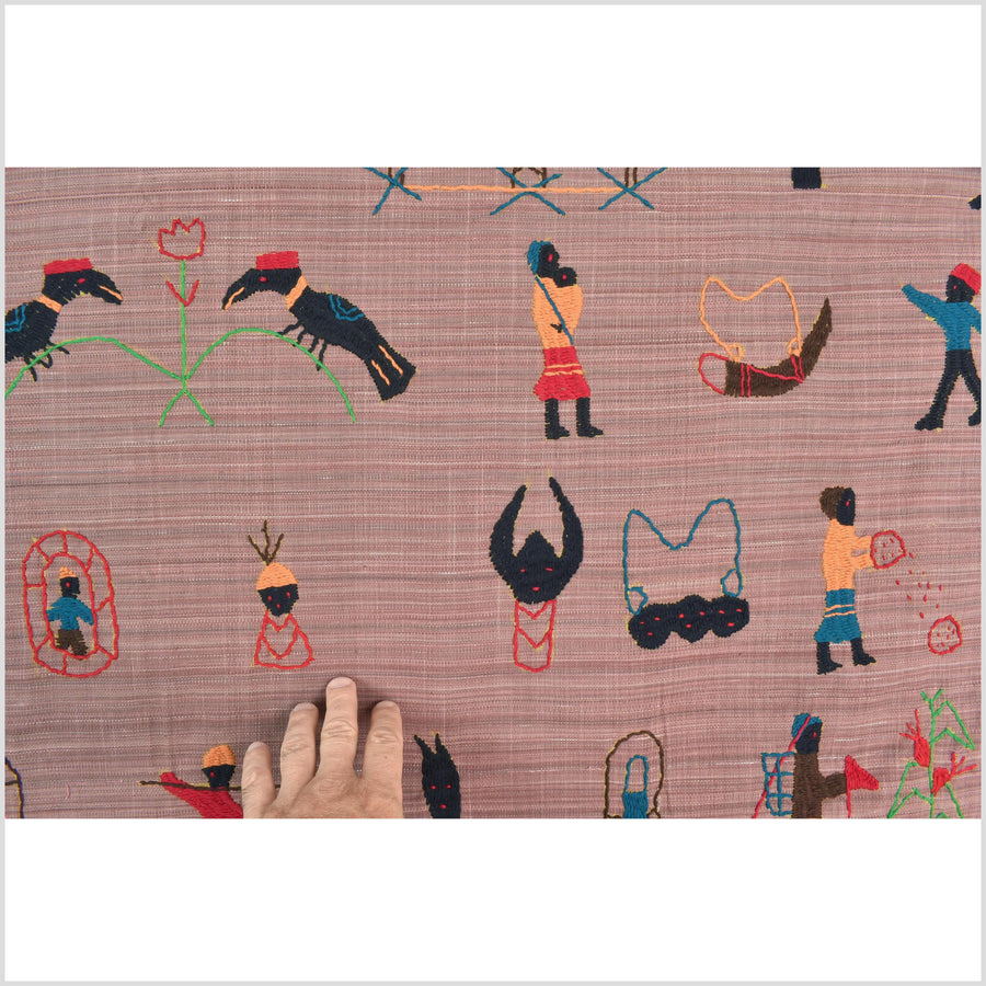 Rose mauve cotton story quilt Naga tribal textile ethnic embroidered boho fabric Burma hill tribe tapestry Thai India Hmong MP26