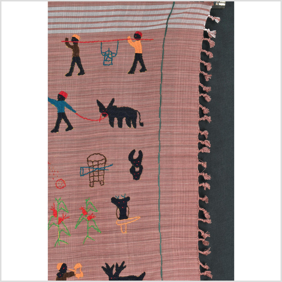 Rose mauve cotton story quilt Naga tribal textile ethnic embroidered boho fabric Burma hill tribe tapestry Thai India Hmong MP26