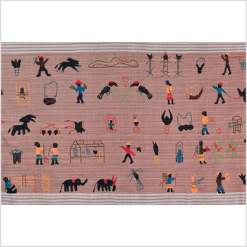 Rose mauve cotton story quilt Naga tribal textile ethnic embroidered boho fabric Burma hill tribe tapestry Thai India Hmong MP26