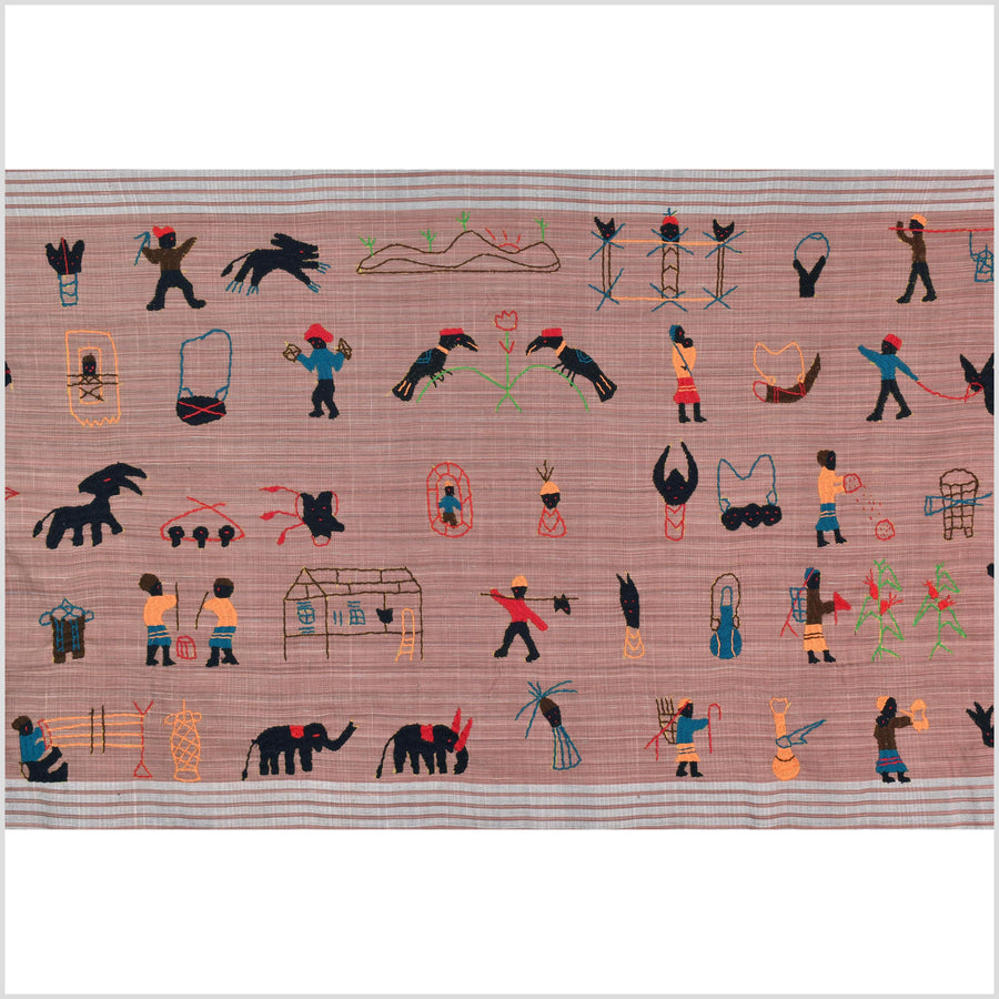 Rose mauve cotton story quilt Naga tribal textile ethnic embroidered boho fabric Burma hill tribe tapestry Thai India Hmong MP26