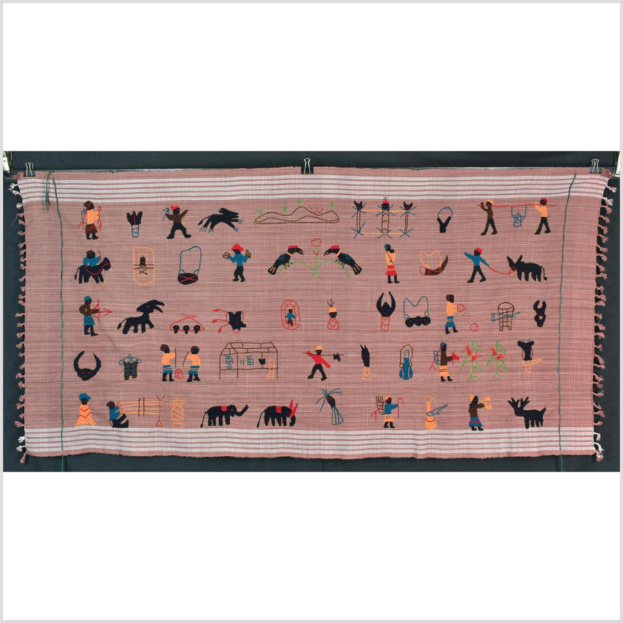 Rose mauve cotton story quilt Naga tribal textile ethnic embroidered boho fabric Burma hill tribe tapestry Thai India Hmong MP26