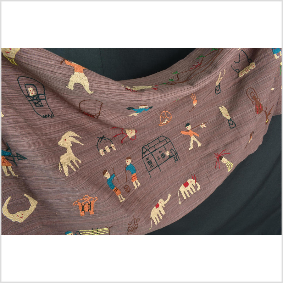 Pale blackberry cotton story quilt Naga tribal textile ethnic embroidered boho fabric Burma hill tribe tapestry Thai India Hmong MP27