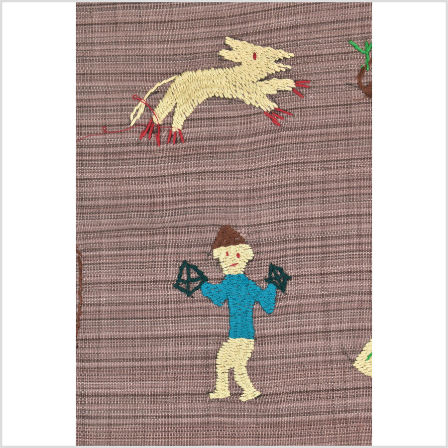 Pale blackberry cotton story quilt Naga tribal textile ethnic embroidered boho fabric Burma hill tribe tapestry Thai India Hmong MP27