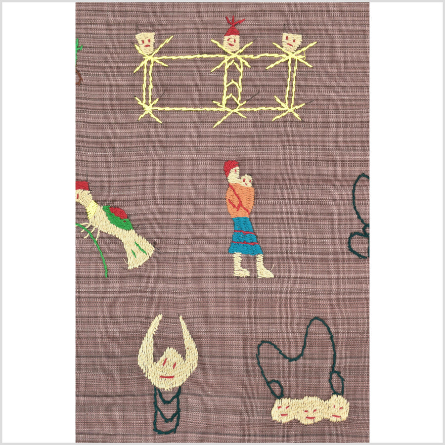 Pale blackberry cotton story quilt Naga tribal textile ethnic embroidered boho fabric Burma hill tribe tapestry Thai India Hmong MP27