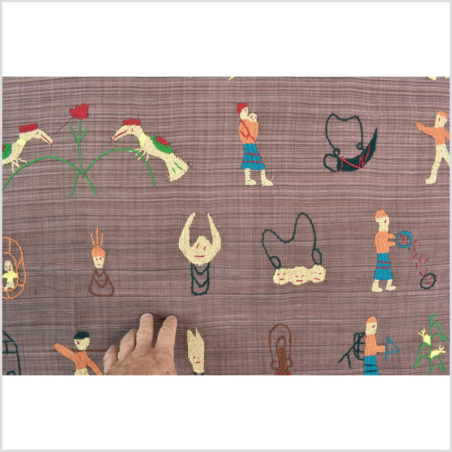 Pale blackberry cotton story quilt Naga tribal textile ethnic embroidered boho fabric Burma hill tribe tapestry Thai India Hmong MP27