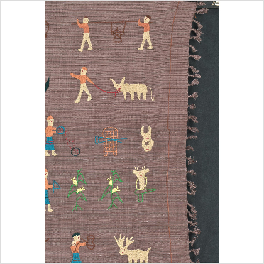 Pale blackberry cotton story quilt Naga tribal textile ethnic embroidered boho fabric Burma hill tribe tapestry Thai India Hmong MP27