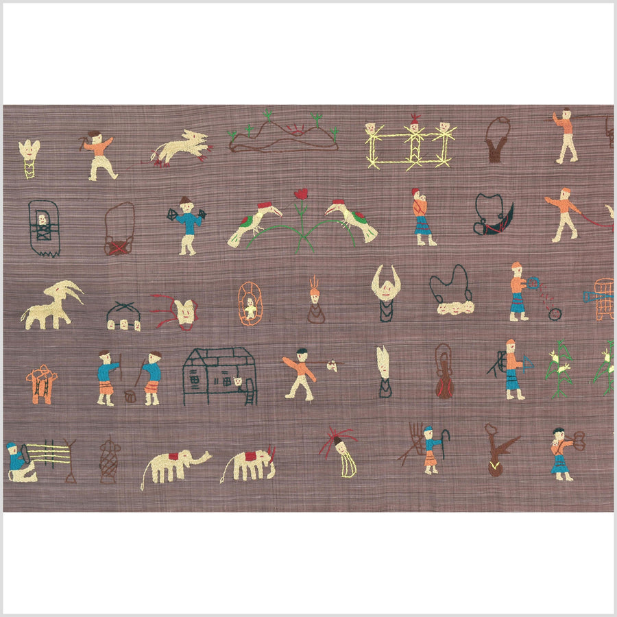 Pale blackberry cotton story quilt Naga tribal textile ethnic embroidered boho fabric Burma hill tribe tapestry Thai India Hmong MP27