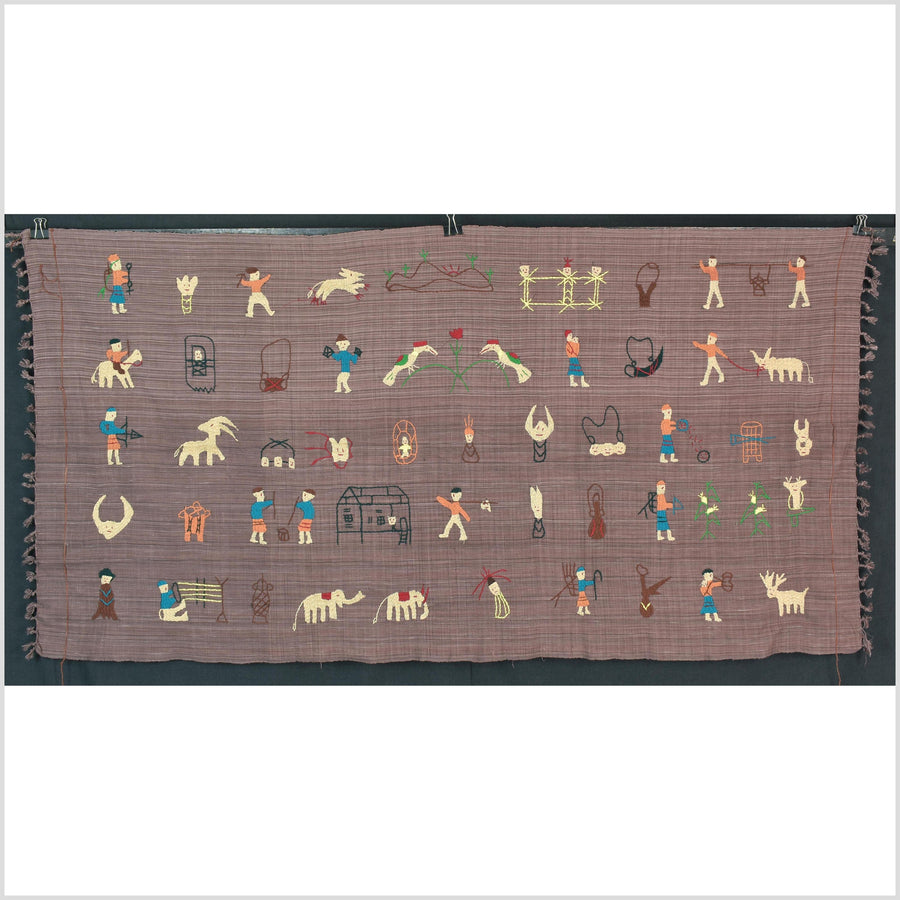 Pale blackberry cotton story quilt Naga tribal textile ethnic embroidered boho fabric Burma hill tribe tapestry Thai India Hmong MP27