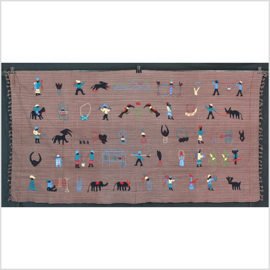 Purple blackberry cotton story quilt Naga tribal textile ethnic embroidered boho fabric Burma hill tribe tapestry Thai India Hmong MP28