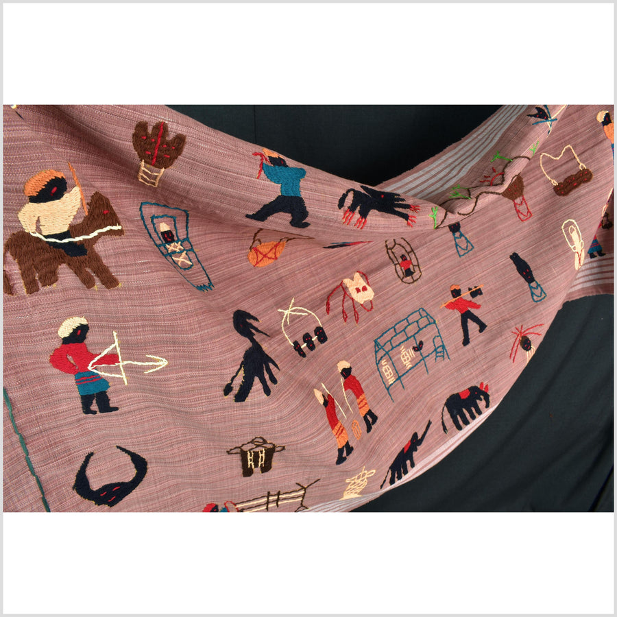 Rose mauve cotton story quilt Naga tribal textile ethnic embroidered boho fabric Burma hill tribe tapestry Thai India Hmong MP29